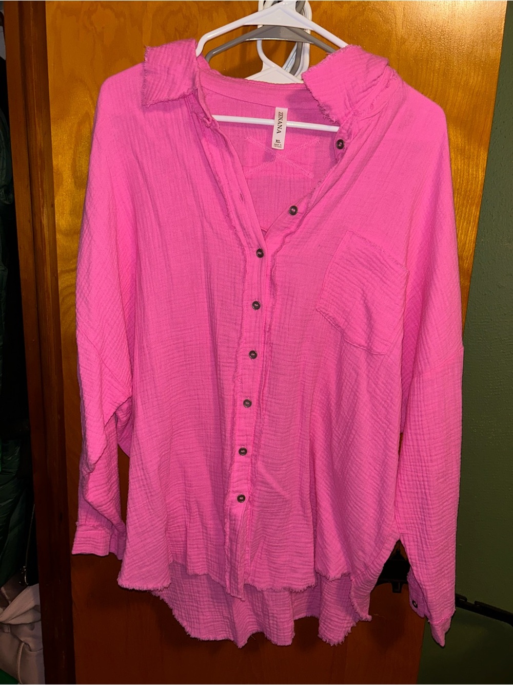Zenana Bright Pink Gauze Button-Down Shirt